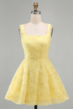 A-Line Square Neck Pearls Floral Short Yellow Homecoming Dress with Beading