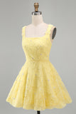 A-Line Square Neck Pearls Floral Short Yellow Homecoming Dress with Beading