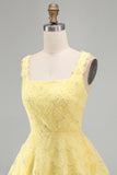A-Line Square Neck Pearls Floral Short Yellow Homecoming Dress with Beading