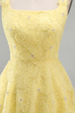 A-Line Square Neck Pearls Floral Short Yellow Homecoming Dress with Beading