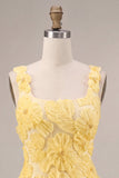 A-Line Square Neck Pearls Floral Short Yellow Homecoming Dress with Beading