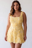 A-Line Square Neck Pearls Floral Short Yellow Homecoming Dress with Beading