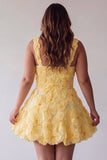 A-Line Square Neck Pearls Floral Short Yellow Homecoming Dress with Beading
