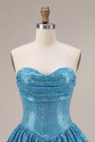 Sparkly Sweetheart Blue A-Line Sequins Short Bubble Hem Homecoming Dress