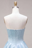Strapless Blue Basque Waist A-Line Tiered Ruffled Corset Satin Homecoming Dress