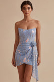 Strapless Blue Bodycon Corset Floral Embroidered Short Homecoming Dress with Sash