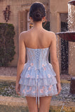 Blue A-Line Strapless Corset Floral Tiered Ruffled Basque Waist Homecoming Dress