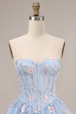 Blue A-Line Strapless Corset Floral Tiered Ruffled Basque Waist Homecoming Dress