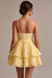 Yellow Floral A-Line Beaded Pearls Tiered Ruffled Short Homecoming Dress