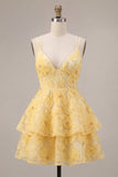 Yellow Floral A-Line Beaded Pearls Tiered Ruffled Short Homecoming Dress