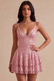 A-Line Pink Tiered Ruffled Sequins Short Homecoming Dress