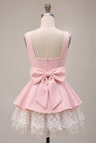 Pink A-Line Ruffled Square Neck Tiered Short Homecoming Dress with Bow