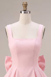 Pink A-Line Ruffled Square Neck Tiered Short Homecoming Dress with Bow