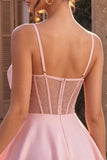 Pink A-Line Ruffled Sheer Corset Beaded Short Homecoming Dress with Bow