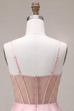 Pink A-Line Ruffled Sheer Corset Beaded Short Homecoming Dress with Bow
