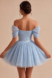 Off the Shoulder Blue A-Line Ruffled Corset Beaded Short Homecoming Dress