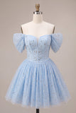 Off the Shoulder Blue A-Line Ruffled Corset Beaded Short Homecoming Dress