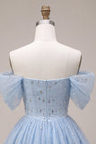 Off the Shoulder Blue A-Line Ruffled Corset Beaded Short Homecoming Dress