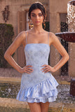 Blue Bodycon Ruffled Spaghetti Straps Short Homecoming Dress