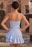 Blue Bodycon Ruffled Spaghetti Straps Short Homecoming Dress