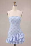 Blue Bodycon Ruffled Spaghetti Straps Short Homecoming Dress
