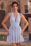 Halter Neck Blue A-Line Ruffled Ruched Floral Short Homecoming Dress