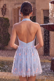 Halter Neck Blue A-Line Ruffled Ruched Floral Short Homecoming Dress