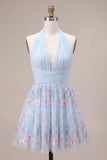 Halter Neck Blue A-Line Ruffled Ruched Floral Short Homecoming Dress