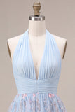 Halter Neck Blue A-Line Ruffled Ruched Floral Short Homecoming Dress
