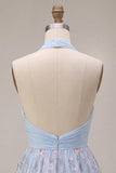 Halter Neck Blue A-Line Ruffled Ruched Floral Short Homecoming Dress
