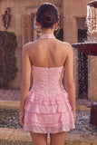 Pink Halter Neck Bodycon Tiered Ruffled Floral Pearls Short Homecoming Dress