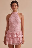 Pink Halter Neck Bodycon Tiered Ruffled Floral Pearls Short Homecoming Dress