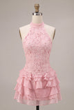 Pink Halter Neck Bodycon Tiered Ruffled Floral Pearls Short Homecoming Dress