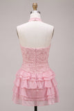 Pink Halter Neck Bodycon Tiered Ruffled Floral Pearls Short Homecoming Dress