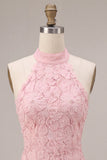 Pink Halter Neck Bodycon Tiered Ruffled Floral Pearls Short Homecoming Dress