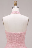 Pink Halter Neck Bodycon Tiered Ruffled Floral Pearls Short Homecoming Dress