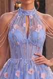 A-Line Blue Halter Neck Ruffled Floral Corset Pearls Short Homecoming Dress