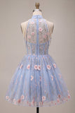 A-Line Blue Halter Neck Ruffled Floral Corset Pearls Short Homecoming Dress