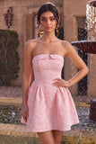 Strapless Pink Jacquard A-Line Ruffled Short Homecoming Dress