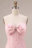 Strapless Pink Jacquard Bodycon Corset Short Homecoming Dress with Bow