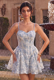Blue A-Line Floral Embroidery Ruffle Short Homecoming Dress
