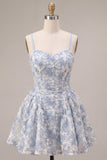 Blue A-Line Floral Embroidery Ruffle Short Homecoming Dress