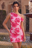 Fuchsia Bodycon One Shoulder Floral Embroidery Short Homecoming Dress