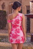 Fuchsia Bodycon One Shoulder Floral Embroidery Short Homecoming Dress