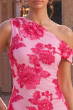 Fuchsia Bodycon One Shoulder Floral Embroidery Short Homecoming Dress