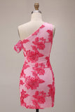 Fuchsia Bodycon One Shoulder Floral Embroidery Short Homecoming Dress