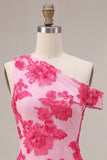 Fuchsia Bodycon One Shoulder Floral Embroidery Short Homecoming Dress