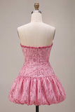A-Line Pink Strapless Sequins Ruched Bubble Hem Short Homecoming Dress