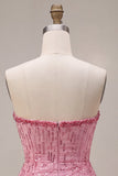 A-Line Pink Strapless Sequins Ruched Bubble Hem Short Homecoming Dress
