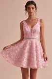 A-Line Pink V-Neck Ruffled Pearls Floral Embroidery Short Homecoming Dress